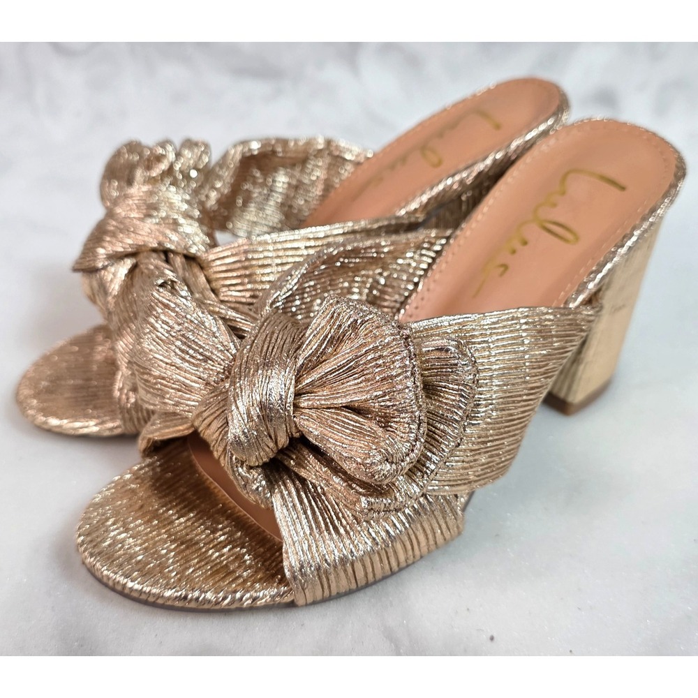 Lulus Gold Bow Block Heel Sandals Womens 5 Metallic Slip On Wedding Party Bridal - Picture 8 of 14
